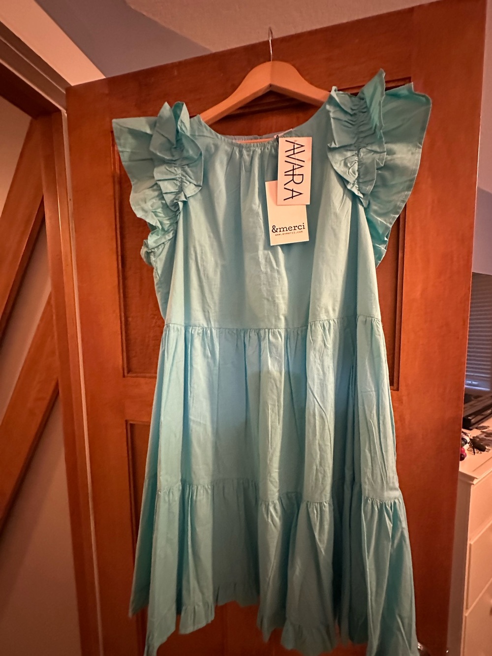 NWT AVARA &merci Aqua Ruffle Sleeve Tiered Dress